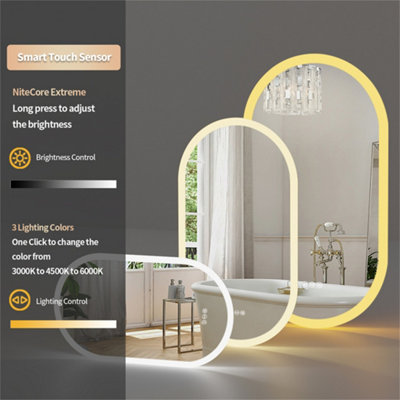 LUVODI Long Oval Bathroom LED Wall Mirror Makeup Mirrors, Backlit, Dimmable, 3 Lights, Anti-fog 80x50cm