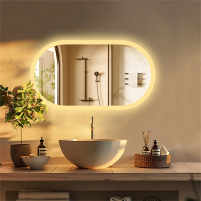 LUVODI Long Oval Bathroom LED Wall Mirror Makeup Mirrors, Backlit, Dimmable, 3 Lights, Anti-fog 80x50cm