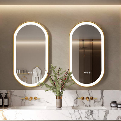 LUVODI Oval LED Bathroom Mirror Anti-Fog 3 Touch Lighted Gold Frame ...
