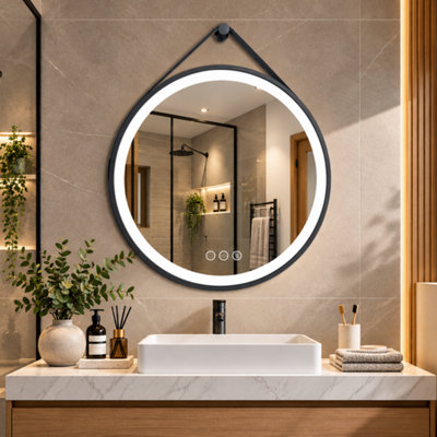 LUVODI Round 600mm LED Lighted Bathroom Mirror Anti-fog Dimmable with Leather Belt(Non removable)