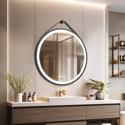 LUVODI Round 600mm LED Lighted Bathroom Mirror Anti-fog Dimmable with Leather Belt(Non removable)