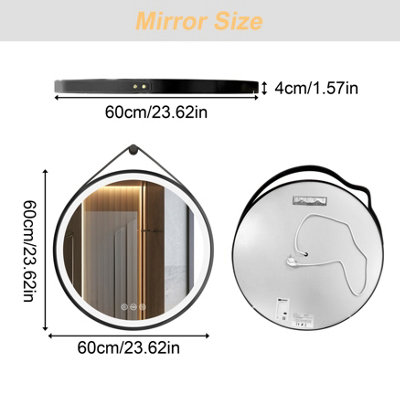 LUVODI Round 600mm LED Lighted Bathroom Mirror Anti-fog Dimmable with Leather Belt(Non removable)