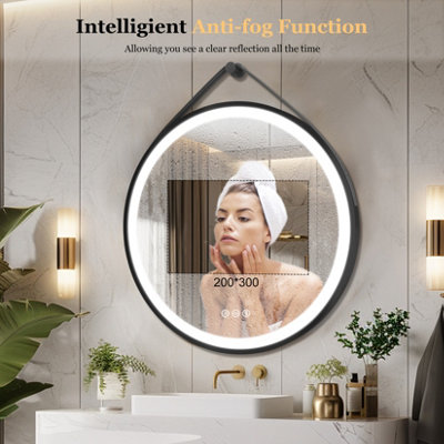 LUVODI Round 600mm LED Lighted Bathroom Mirror Anti-fog Dimmable with Leather Belt(Non removable)