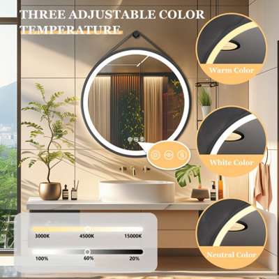 LUVODI Round 600mm LED Lighted Bathroom Mirror Anti-fog Dimmable with Leather Belt(Non removable)