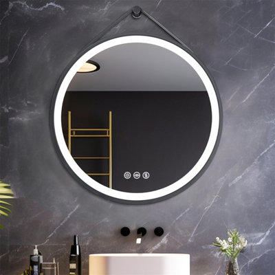LUVODI Round 600mm LED Lighted Bathroom Mirror Anti-fog Dimmable with Leather Belt(Non removable)