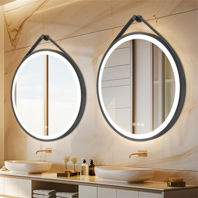 LUVODI Round 600mm LED Lighted Bathroom Mirror Anti-fog Dimmable with Leather Belt(Non removable)