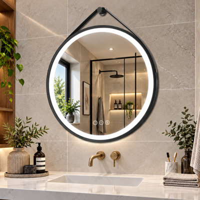 LUVODI Round 800mm LED Lighted Bathroom Mirror Anti-fog Dimmable with Leather Belt(Non removable)