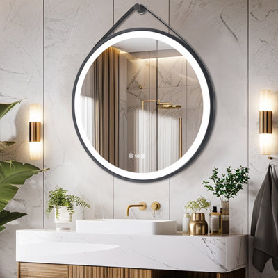 LUVODI Round 800mm LED Lighted Bathroom Mirror Anti-fog Dimmable with Leather Belt(Non removable)