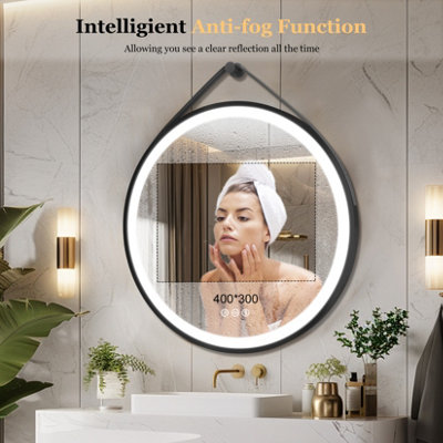LUVODI Round 800mm LED Lighted Bathroom Mirror Anti-fog Dimmable with Leather Belt(Non removable)