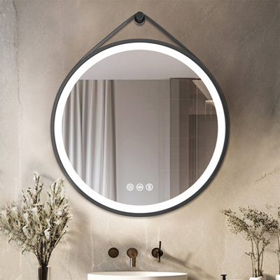 LUVODI Round 800mm LED Lighted Bathroom Mirror Anti-fog Dimmable with Leather Belt(Non removable)