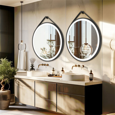 LUVODI Round 800mm LED Lighted Bathroom Mirror Anti-fog Dimmable with Leather Belt(Non removable)