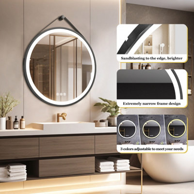 LUVODI Round 800mm LED Lighted Bathroom Mirror Anti-fog Dimmable with Leather Belt(Non removable)
