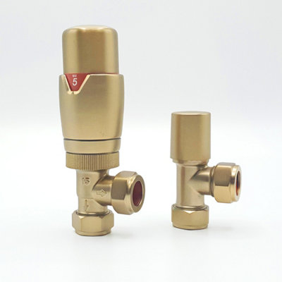 Lux Heat Angled Brushed Brass Thermostatic Radiator Valve (TRV) Set