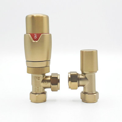 Lux Heat Angled Brushed Brass Thermostatic Radiator Valve (TRV) Set