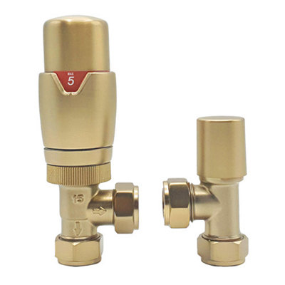 Lux Heat Angled Brushed Brass Thermostatic Radiator Valve (TRV) Set