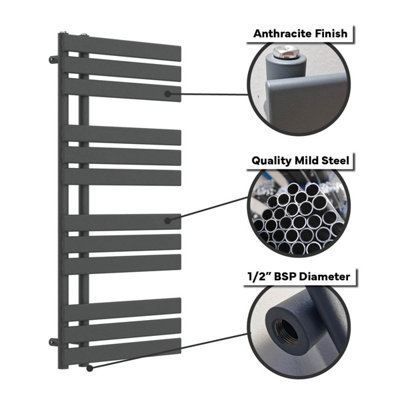 Lux Heat Anthracite Grey Flat Designer Towel Radiator 1200mm (H) x 600mm (W)