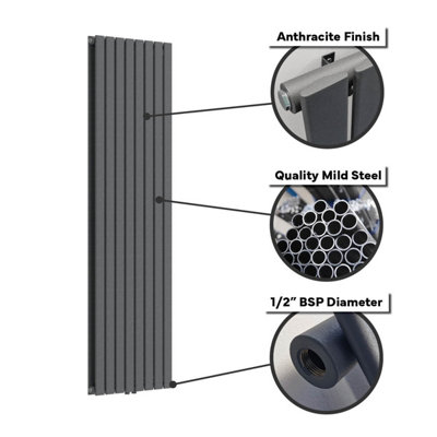 Lux Heat Anthracite Grey Flat Vertical Double Panel Designer Radiator 1800mm (H) x 420mm (W)