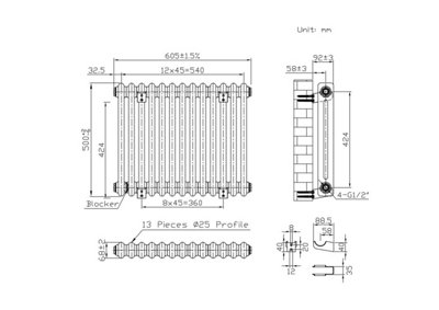 Lux Heat Anthracite Grey Horizontal 2 Column Traditional Radiator 500mm (H) x 605mm (W)