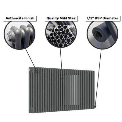 Lux Heat Anthracite Grey Horizontal 3 Column Traditional Radiator 500mm (H) x 1010mm (W)