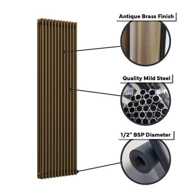Lux Heat Antique Brass Vertical 2 Column Traditional Radiator 1500mm (H ...