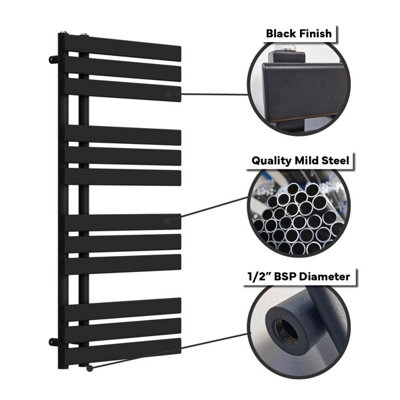 Lux Heat Black Flat Designer Towel Radiator 1200mm (H) x 600mm (W)