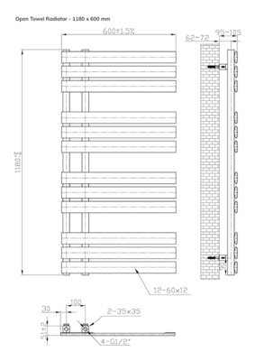 Lux Heat Black Open-Flat Designer Towel Radiator 1180mm (H) x 600mm (W)