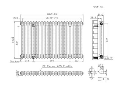 Lux Heat Dove Grey Horizontal 2 Column Traditional Radiator 600mm (H) x ...