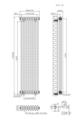 Lux Heat Dove Grey Vertical 3 Column Traditional Radiator 1500mm (H) x ...
