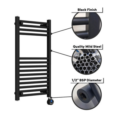 Lux Heat Electric Black Ladder Towel Radiator 800mm (H) x 600mm (W)