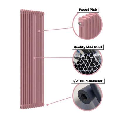Lux Heat Pastel Pink Vertical 3 Column Traditional Radiator 1500mm (H ...