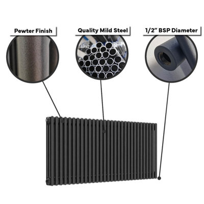 Lux Heat Pewter Horizontal 3 Column Traditional Radiator 300mm (H) x ...