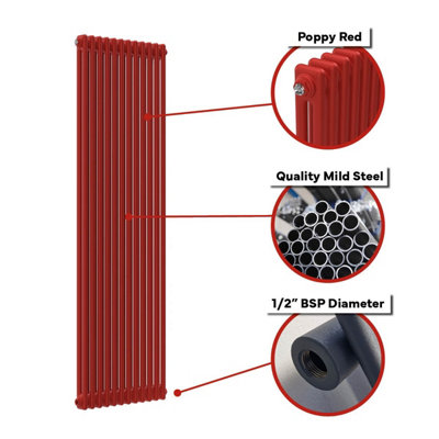 Lux Heat Poppy Red Vertical 3 Column Traditional Radiator 1800mm (H) x ...