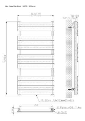 Lux Heat White Flat Designer Towel Radiator 1200mm (H) x 600mm (W)