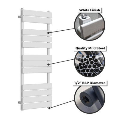 Lux Heat White Flat Designer Towel Radiator 1200mm (H) x 600mm (W)