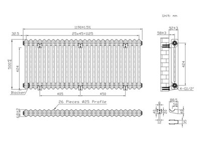 Lux Heat White Horizontal 2 Column Traditional Radiator 500mm (H) x 1190mm (W)