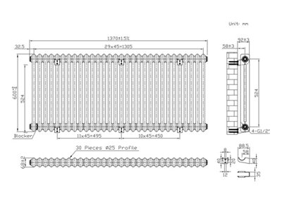 Lux Heat White Horizontal 2 Column Traditional Radiator 600mm (H) x 1370mm (W)