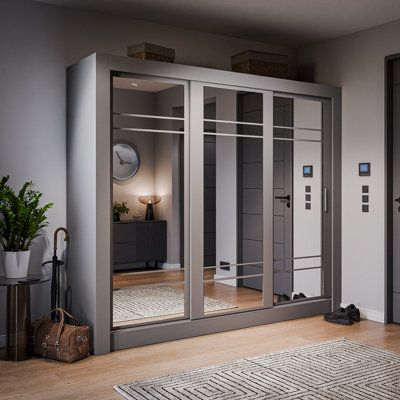 Lux II Modern Mirrored Sliding Door Wardrobe (H2150mm W2500mm D600mm) - Grey Matt