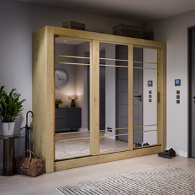 Lux II Modern Mirrored Sliding Door Wardrobe (H2150mm W2500mm D600mm) - Oak Artisan