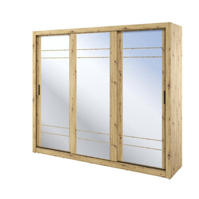Lux II Modern Mirrored Sliding Door Wardrobe (H2150mm W2500mm D600mm) - Oak Artisan
