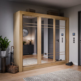 Lux II Modern Mirrored Sliding Door Wardrobe (H2150mm W2500mm D600mm) - Oak Shetland