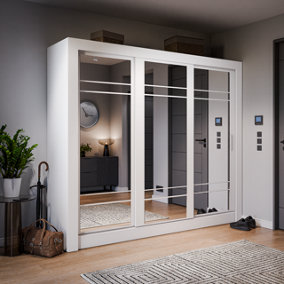 Lux II Modern Mirrored Sliding Door Wardrobe (H2150mm W2500mm D600mm) - White Matt