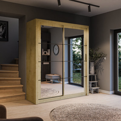 Lux III Modern Sliding Door Mirrored Wardrobe (H2150mm W1810mm D600mm) - Oak Artisan