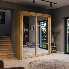 Lux III Modern Sliding Door Mirrored Wardrobe (H2150mm W1810mm D600mm) - Oak Shetland