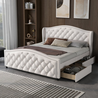 Lux PU Faux Leather Upholstered Headboard Doubled Bed Frame with 2 Drawers Cream White 4FT6 135 x 190cm