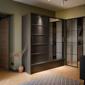 Lux V - Black Sliding Door Mirrored Wardrobe with Shelves And Drawers (H2150mm W2000mm D600mm)