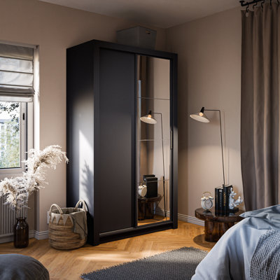 Lux V Compact Black Sliding Door Wardrobe (H2150mm W1200mm D600mm) with Customisable Interior - Ideal for Small Spaces