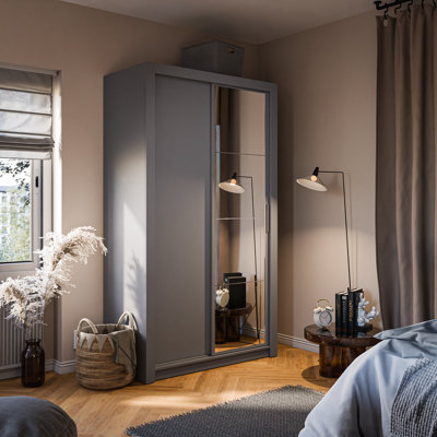 Lux V Compact Grey Sliding Door Wardrobe (H2150mm W1200mm D600mm) with Customisable Interior - Ideal for Small Spaces