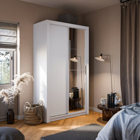 Lux V Compact White Sliding Door Wardrobe (H2150mm W1200mm D600mm) with Customisable Interior - Ideal for Small Spaces