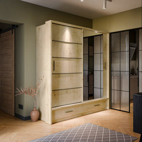 Lux V - Oak Artisan Sliding Door Mirrored Wardrobe with Shelves And Drawers (H2150mm W2000mm D600mm)