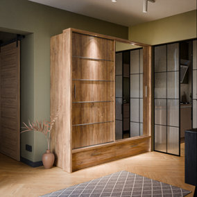 Lux V - Oak Sterling Sliding Door Mirrored Wardrobe with Shelves And Drawers (H2150mm W2000mm D600mm)